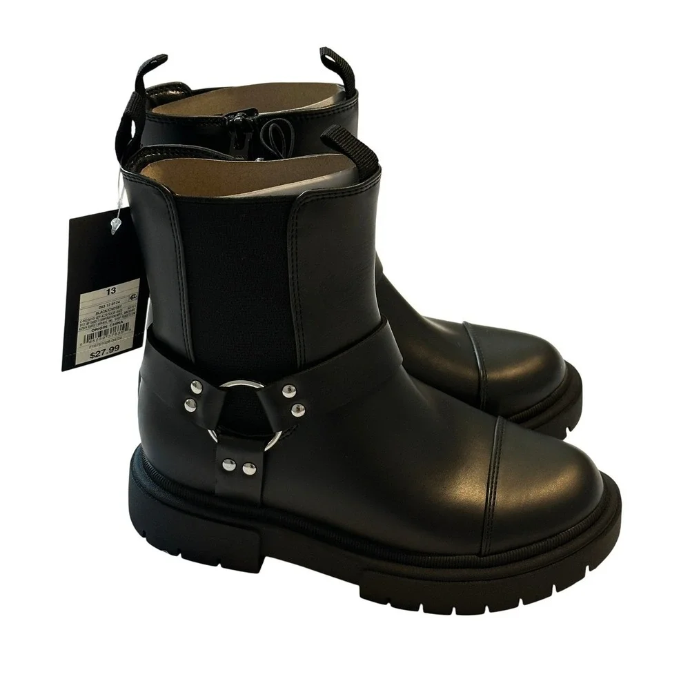 Art Class Crosby Kids Black Harness Moto Boots Side Zip Lug Sole Size 13 NWT